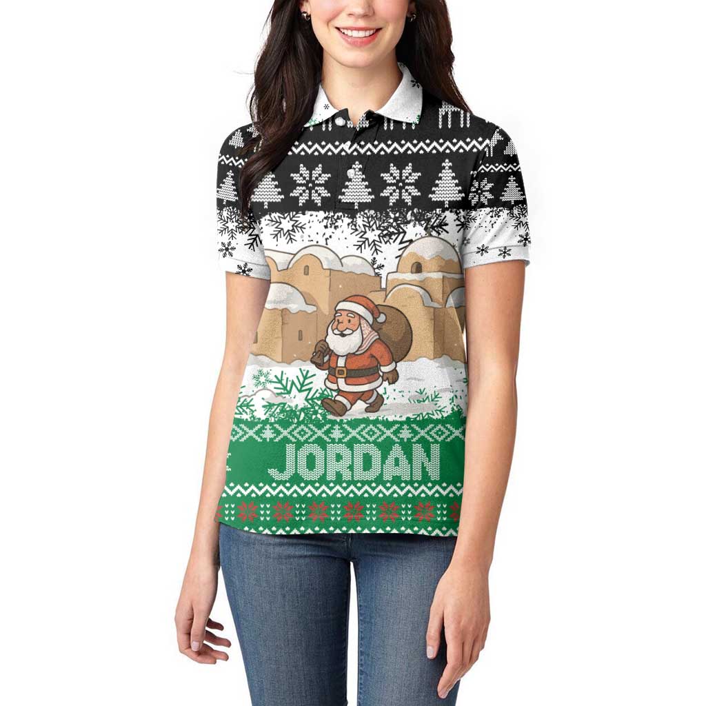 Jordan Christmas Women Polo Shirt with Santa Snow Village Green and Black Snowflake Tree Pattern - Wonder Print Shop