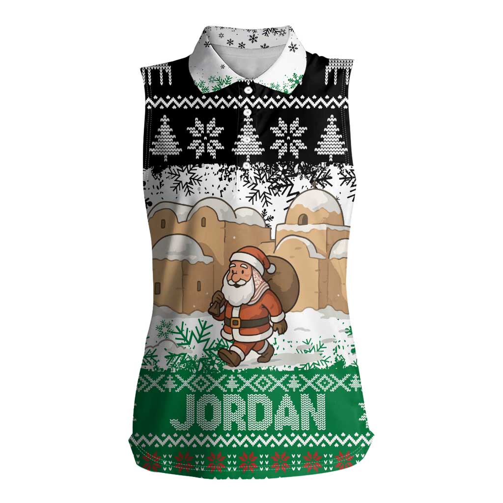 Jordan Christmas Women Sleeveless Polo Shirt with Santa Snow Village Green and Black Snowflake Tree Pattern - Wonder Print Shop