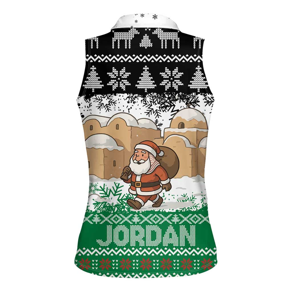 Jordan Christmas Women Sleeveless Polo Shirt with Santa Snow Village Green and Black Snowflake Tree Pattern - Wonder Print Shop