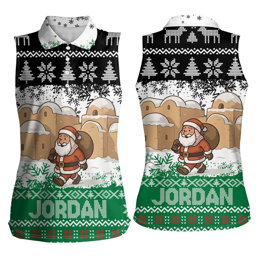 Jordan Christmas Women Sleeveless Polo Shirt with Santa Snow Village Green and Black Snowflake Tree Pattern - Wonder Print Shop