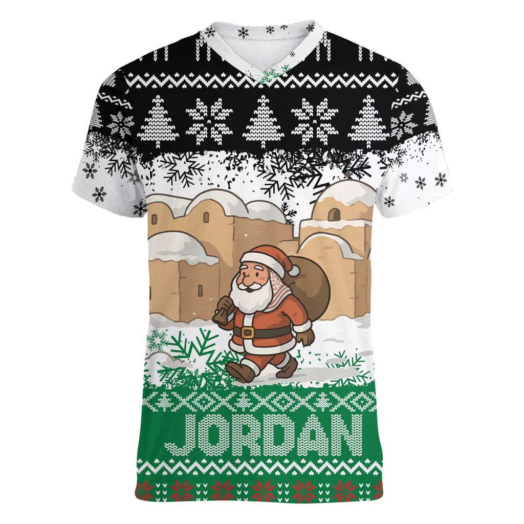 Jordan Christmas Women V-Neck T-Shirt with Santa Snow Village Green and Black Snowflake Tree Pattern - Wonder Print Shop