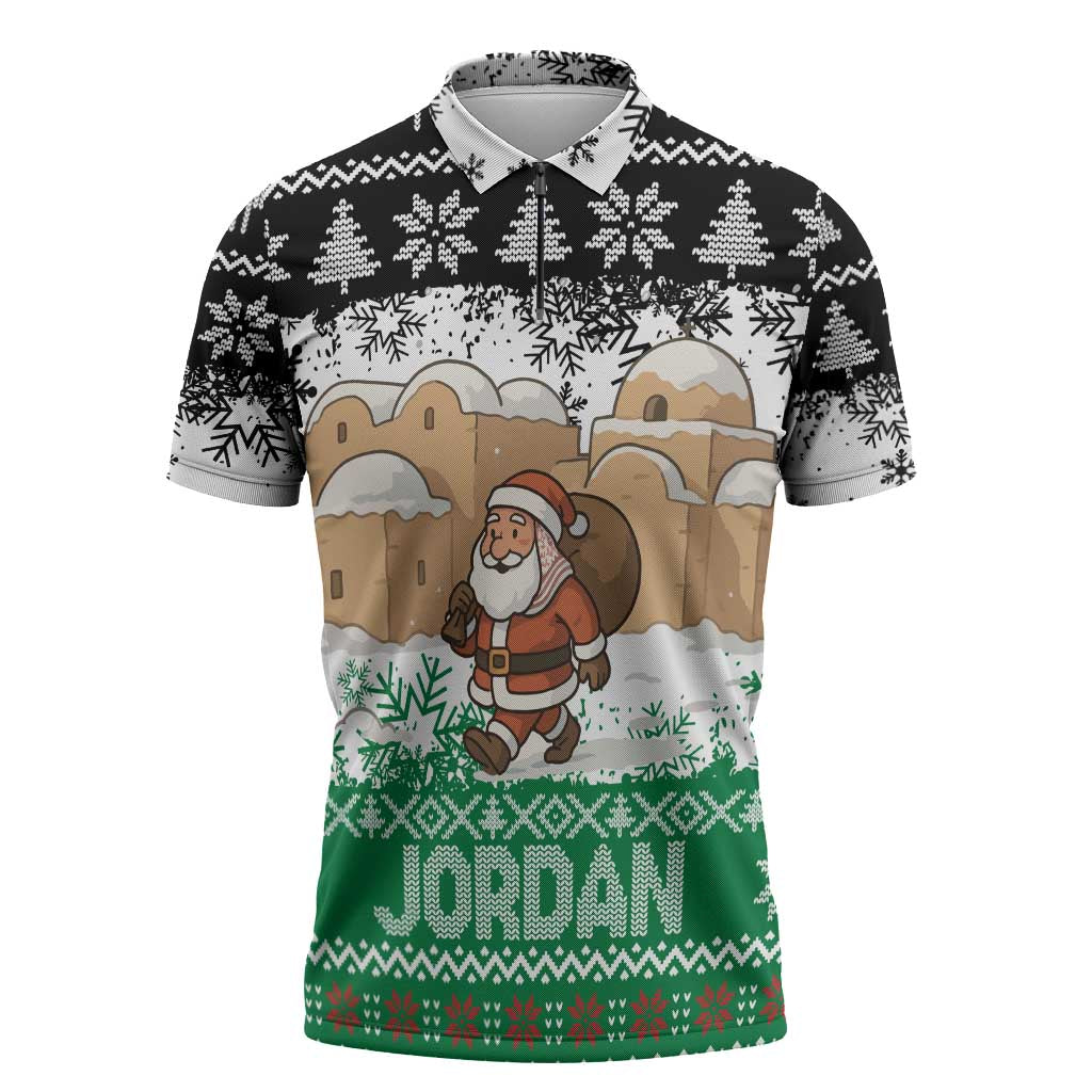 Jordan Christmas Zipper Polo Shirt with Santa Snow Village Green and Black Snowflake Tree Pattern - Wonder Print Shop