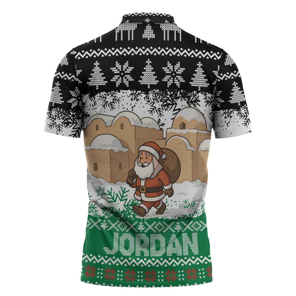 Jordan Christmas Zipper Polo Shirt with Santa Snow Village Green and Black Snowflake Tree Pattern - Wonder Print Shop