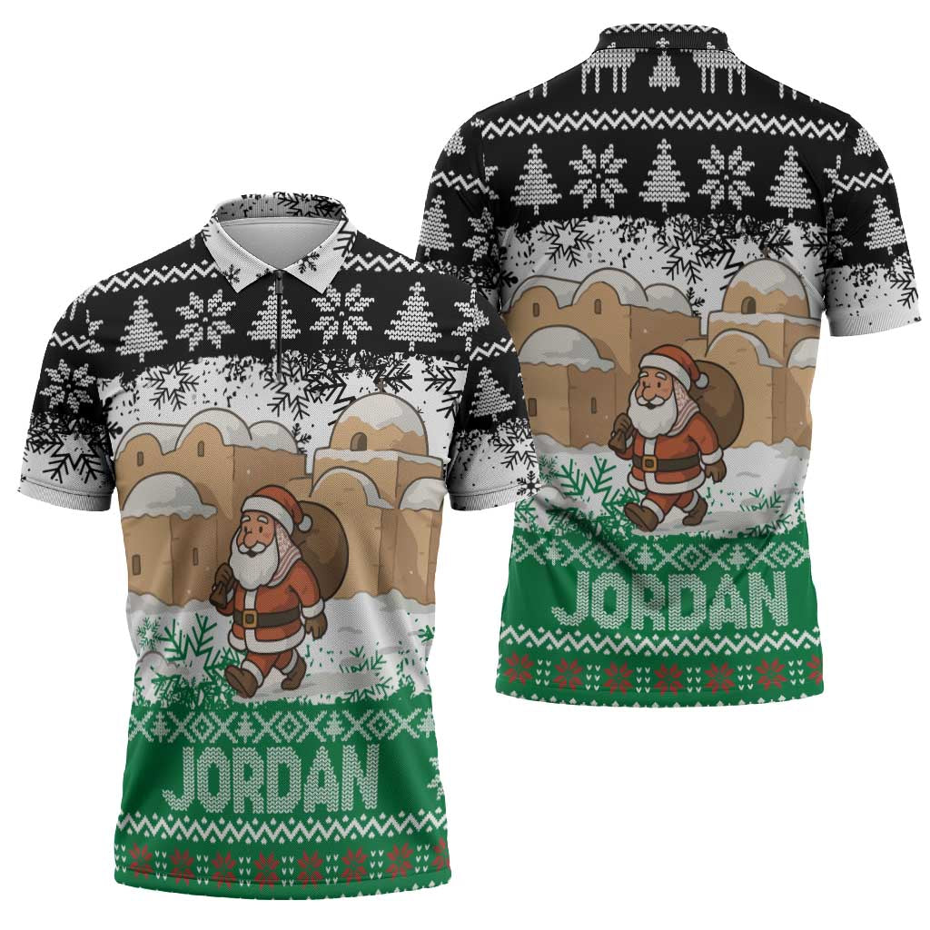 Jordan Christmas Zipper Polo Shirt with Santa Snow Village Green and Black Snowflake Tree Pattern - Wonder Print Shop