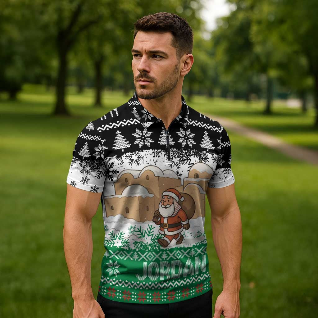 Jordan Christmas Zipper Polo Shirt with Santa Snow Village Green and Black Snowflake Tree Pattern - Wonder Print Shop