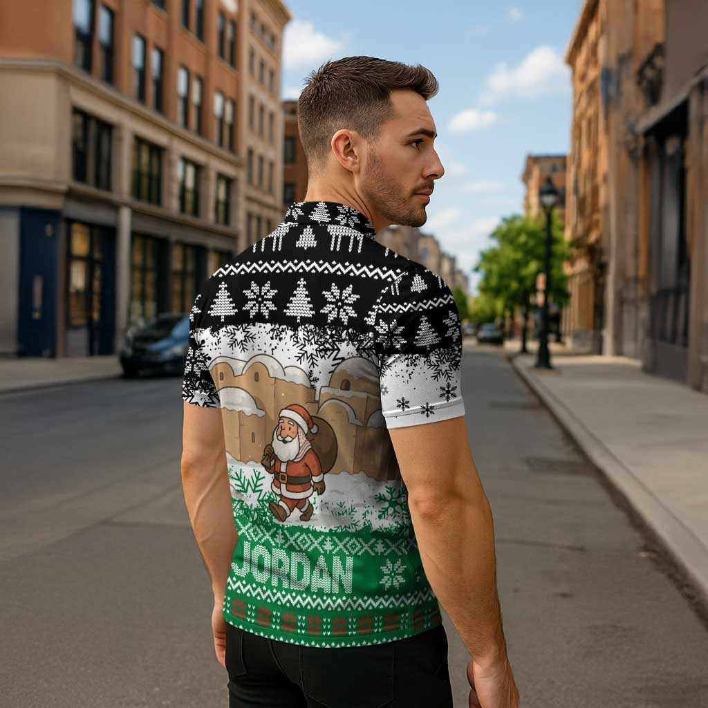 Jordan Christmas Zipper Polo Shirt with Santa Snow Village Green and Black Snowflake Tree Pattern - Wonder Print Shop