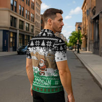 Jordan Christmas Zipper Polo Shirt with Santa Snow Village Green and Black Snowflake Tree Pattern - Wonder Print Shop