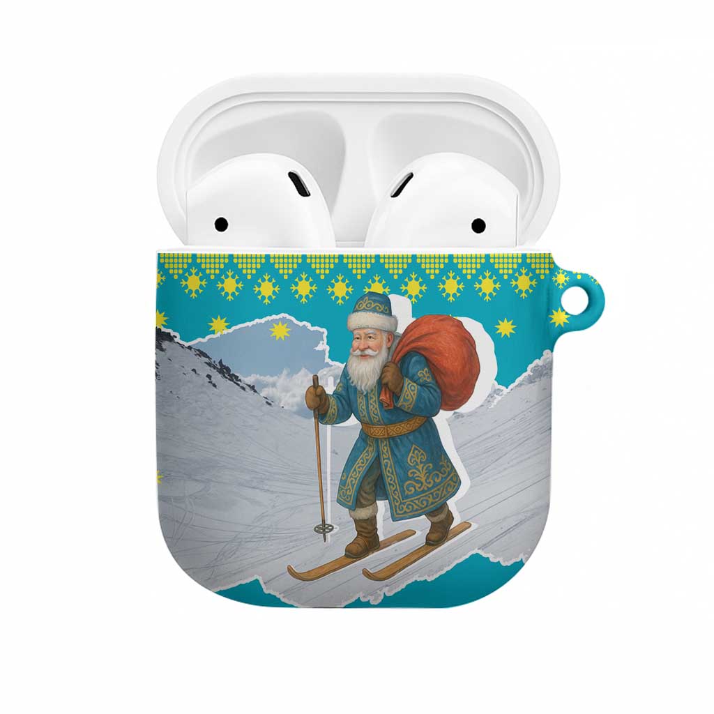 Kazakhstan Christmas AirPods Case with Santa Skiing in Traditional Outfit Snow Mountain and Sun Pattern - Wonder Print Shop