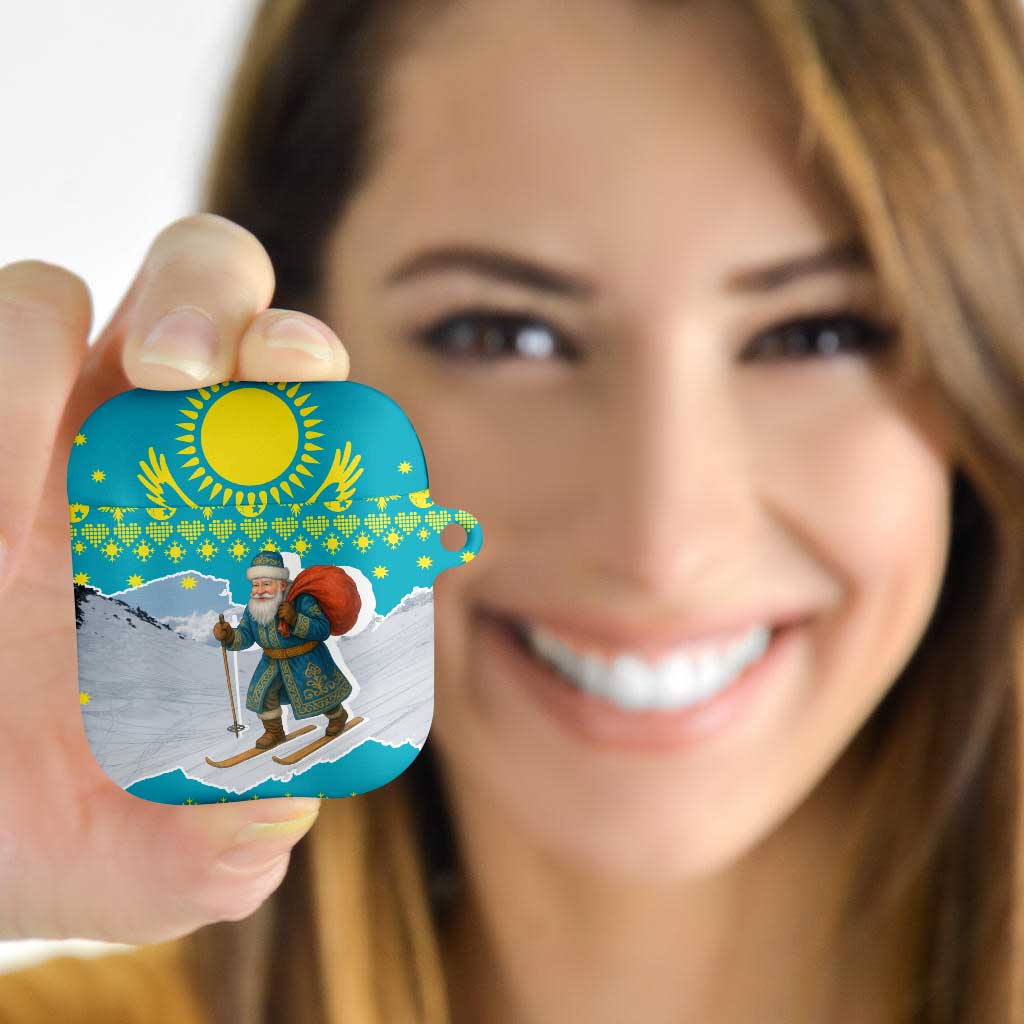 Kazakhstan Christmas AirPods Case with Santa Skiing in Traditional Outfit Snow Mountain and Sun Pattern - Wonder Print Shop