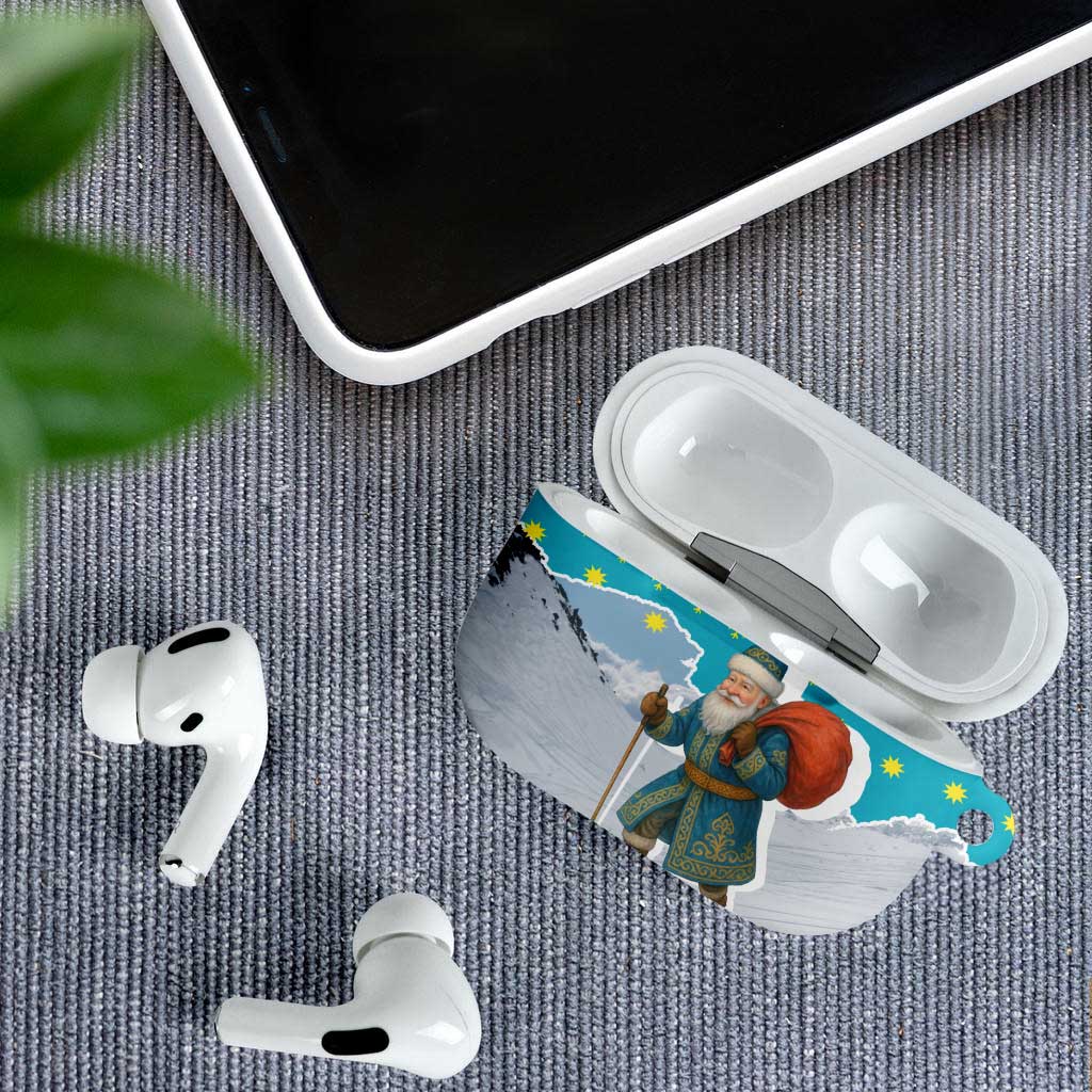 Kazakhstan Christmas AirPods Case with Santa Skiing in Traditional Outfit Snow Mountain and Sun Pattern - Wonder Print Shop