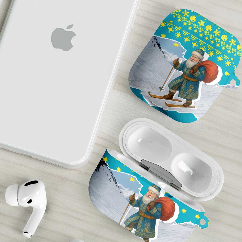 Kazakhstan Christmas AirPods Case with Santa Skiing in Traditional Outfit Snow Mountain and Sun Pattern - Wonder Print Shop
