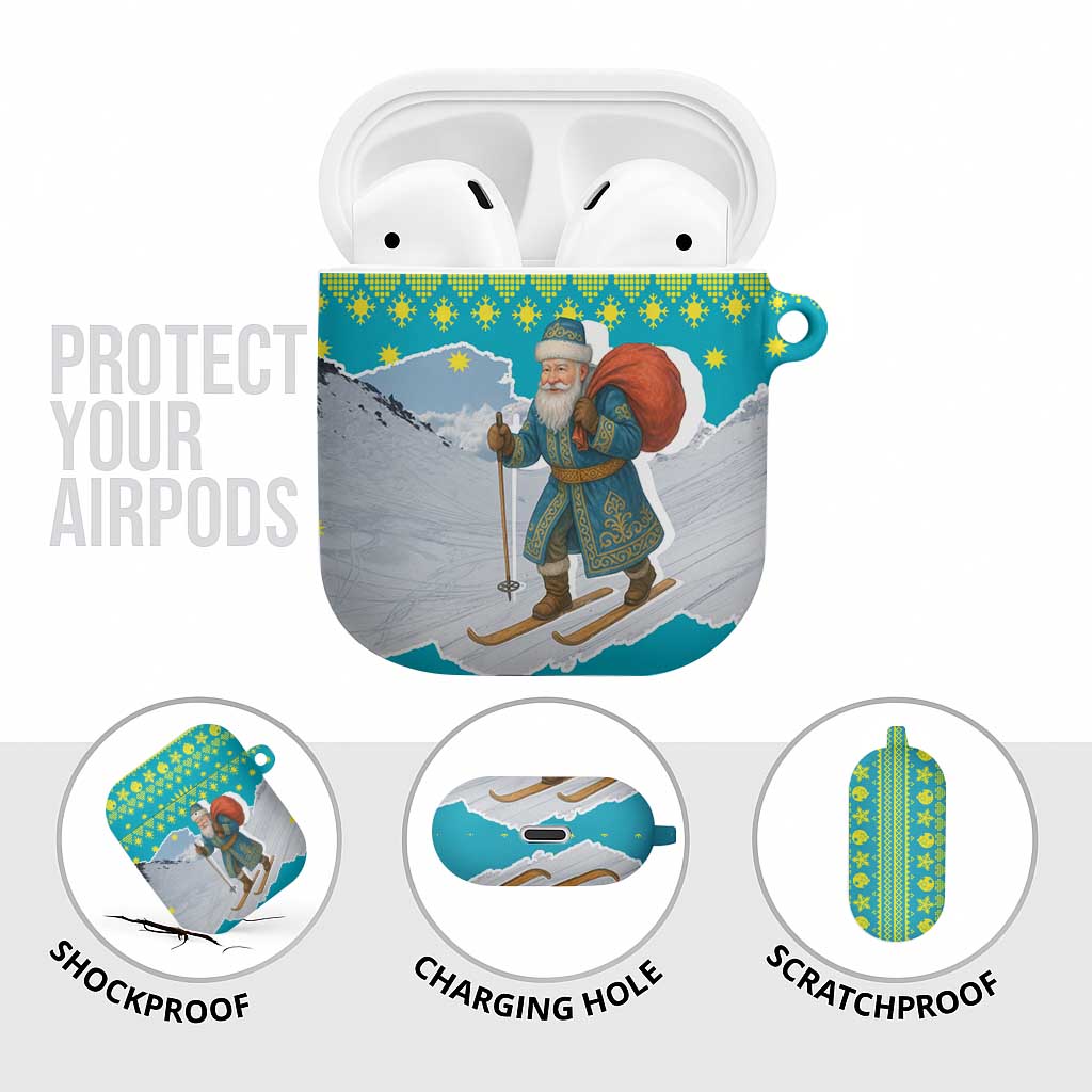 Kazakhstan Christmas AirPods Case with Santa Skiing in Traditional Outfit Snow Mountain and Sun Pattern - Wonder Print Shop