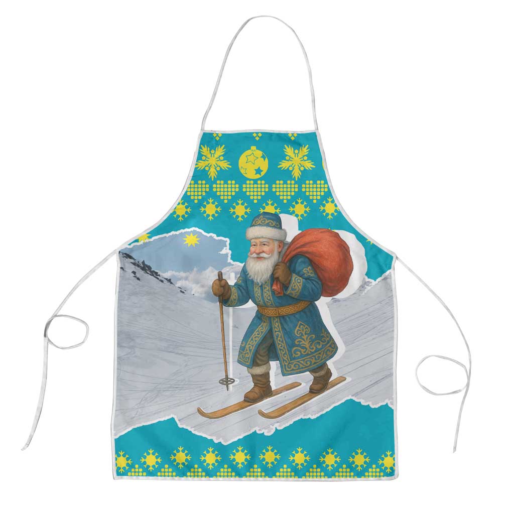 Kazakhstan Christmas Apron with Santa Skiing in Traditional Outfit Snow Mountain and Sun Pattern - Wonder Print Shop