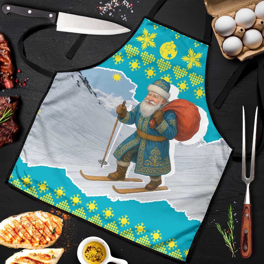 Kazakhstan Christmas Apron with Santa Skiing in Traditional Outfit Snow Mountain and Sun Pattern - Wonder Print Shop