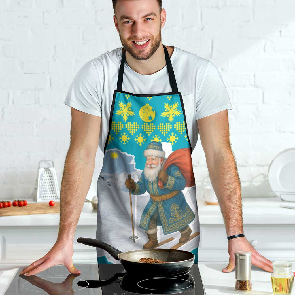Kazakhstan Christmas Apron with Santa Skiing in Traditional Outfit Snow Mountain and Sun Pattern - Wonder Print Shop