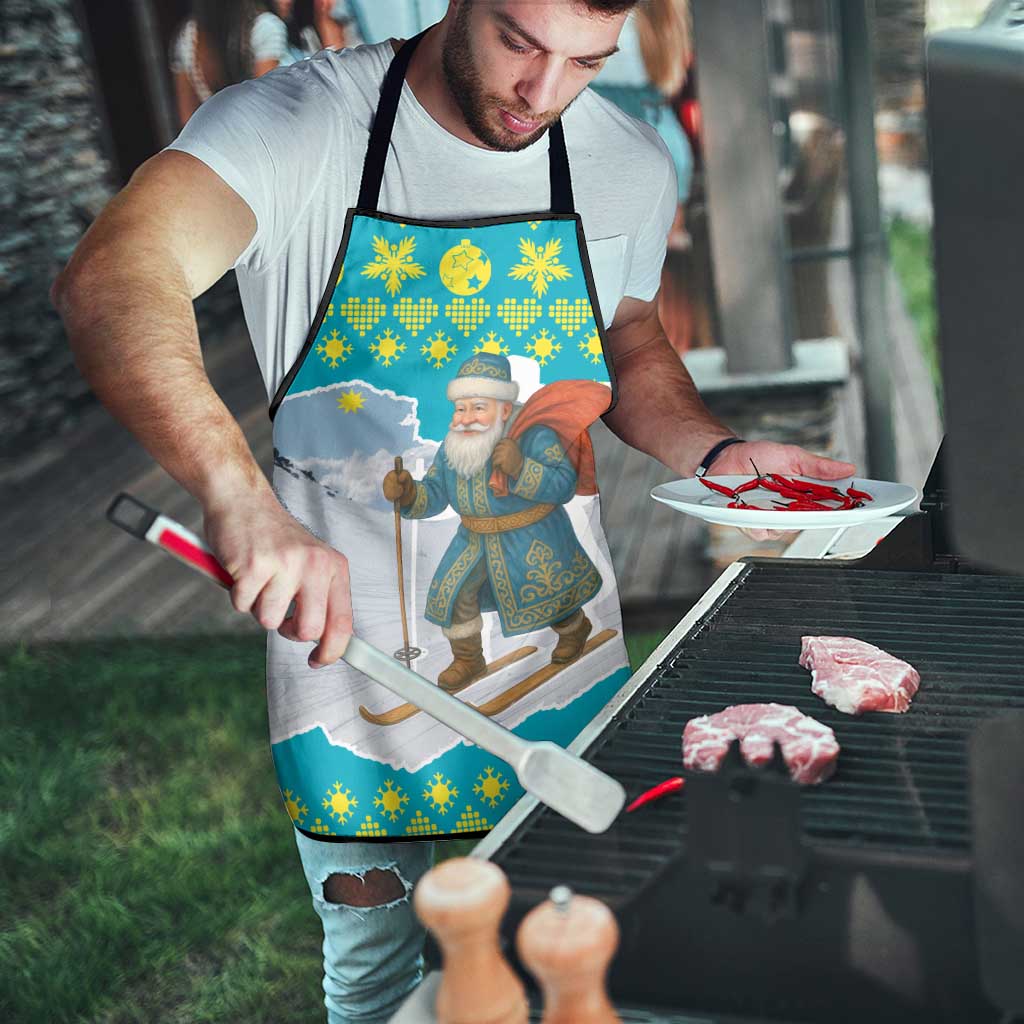 Kazakhstan Christmas Apron with Santa Skiing in Traditional Outfit Snow Mountain and Sun Pattern - Wonder Print Shop