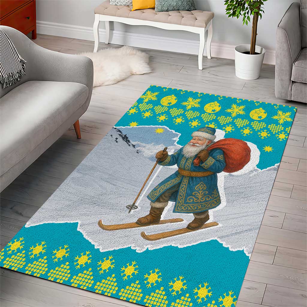 Kazakhstan Christmas Area Rug with Santa Skiing in Traditional Outfit Snow Mountain and Sun Pattern - Wonder Print Shop