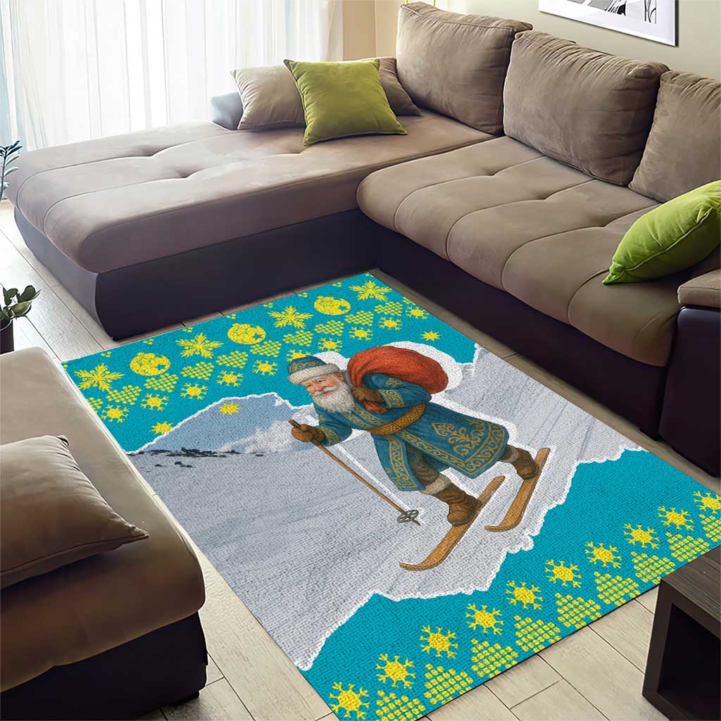 Kazakhstan Christmas Area Rug with Santa Skiing in Traditional Outfit Snow Mountain and Sun Pattern - Wonder Print Shop