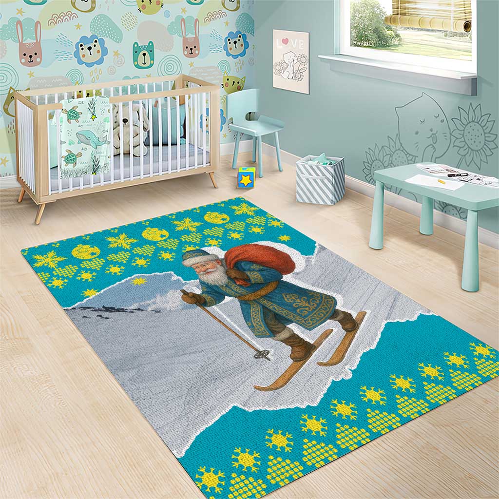 Kazakhstan Christmas Area Rug with Santa Skiing in Traditional Outfit Snow Mountain and Sun Pattern - Wonder Print Shop