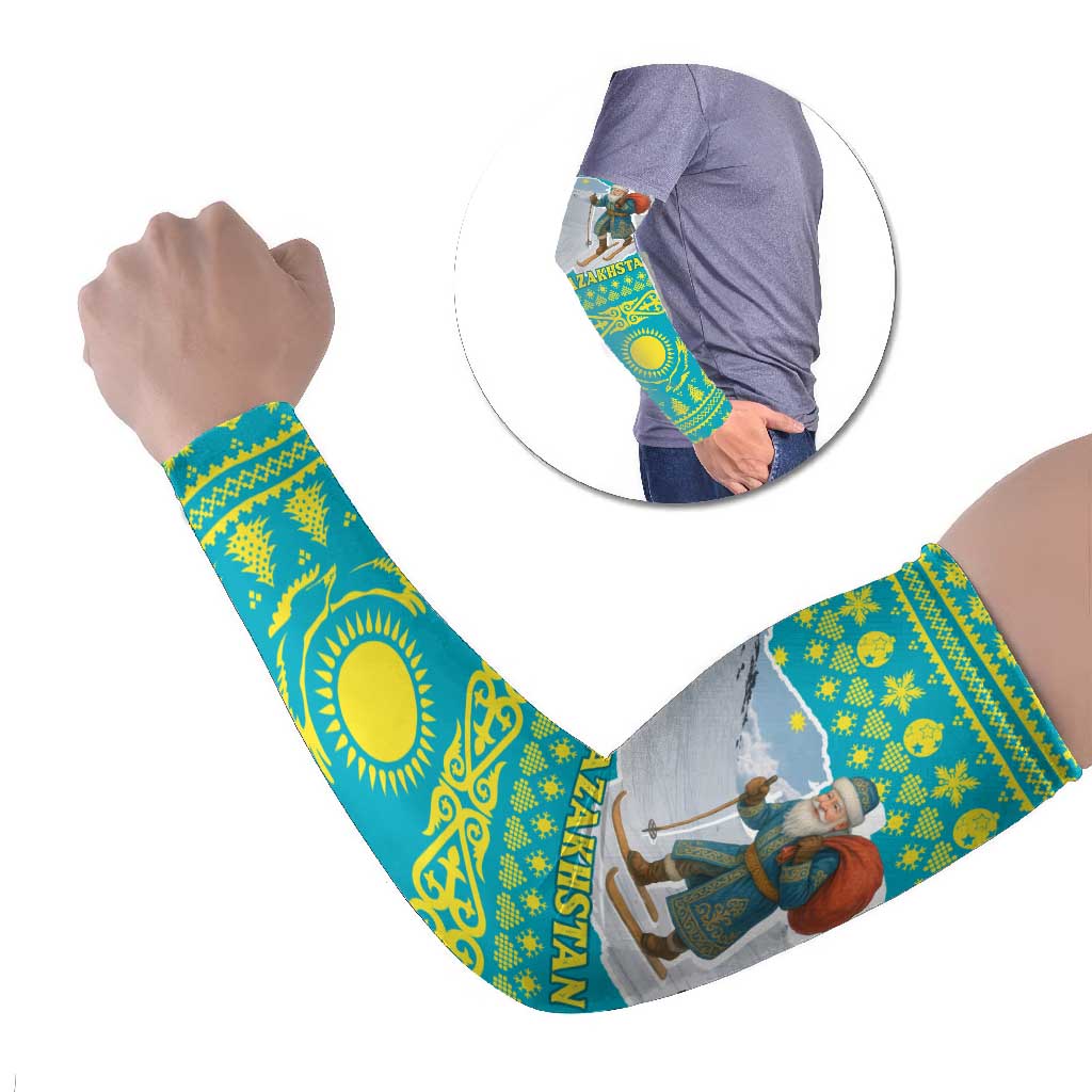 Kazakhstan Christmas Arm Sleeves with Santa Skiing in Traditional Outfit Snow Mountain and Sun Pattern - Wonder Print Shop