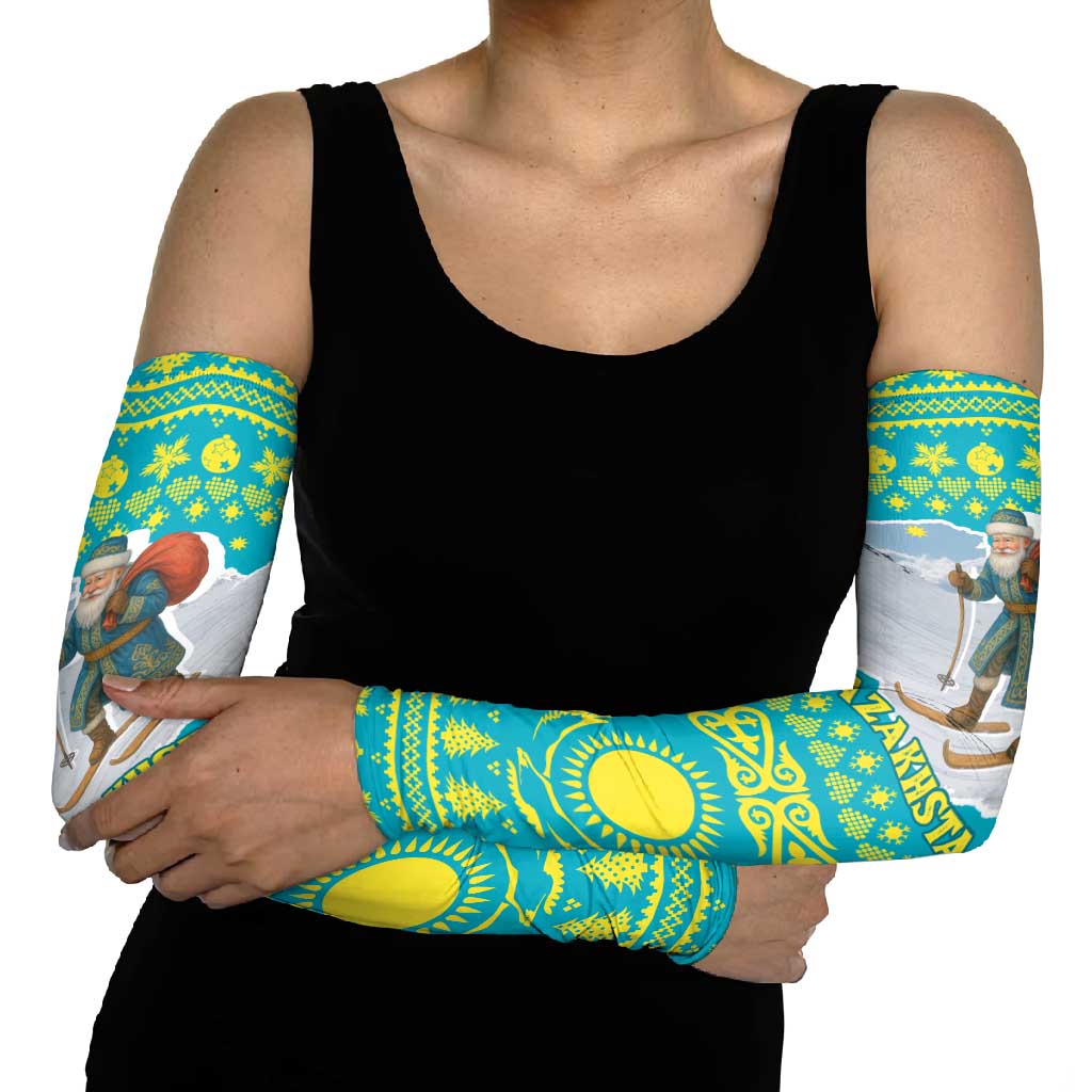 Kazakhstan Christmas Arm Sleeves with Santa Skiing in Traditional Outfit Snow Mountain and Sun Pattern - Wonder Print Shop
