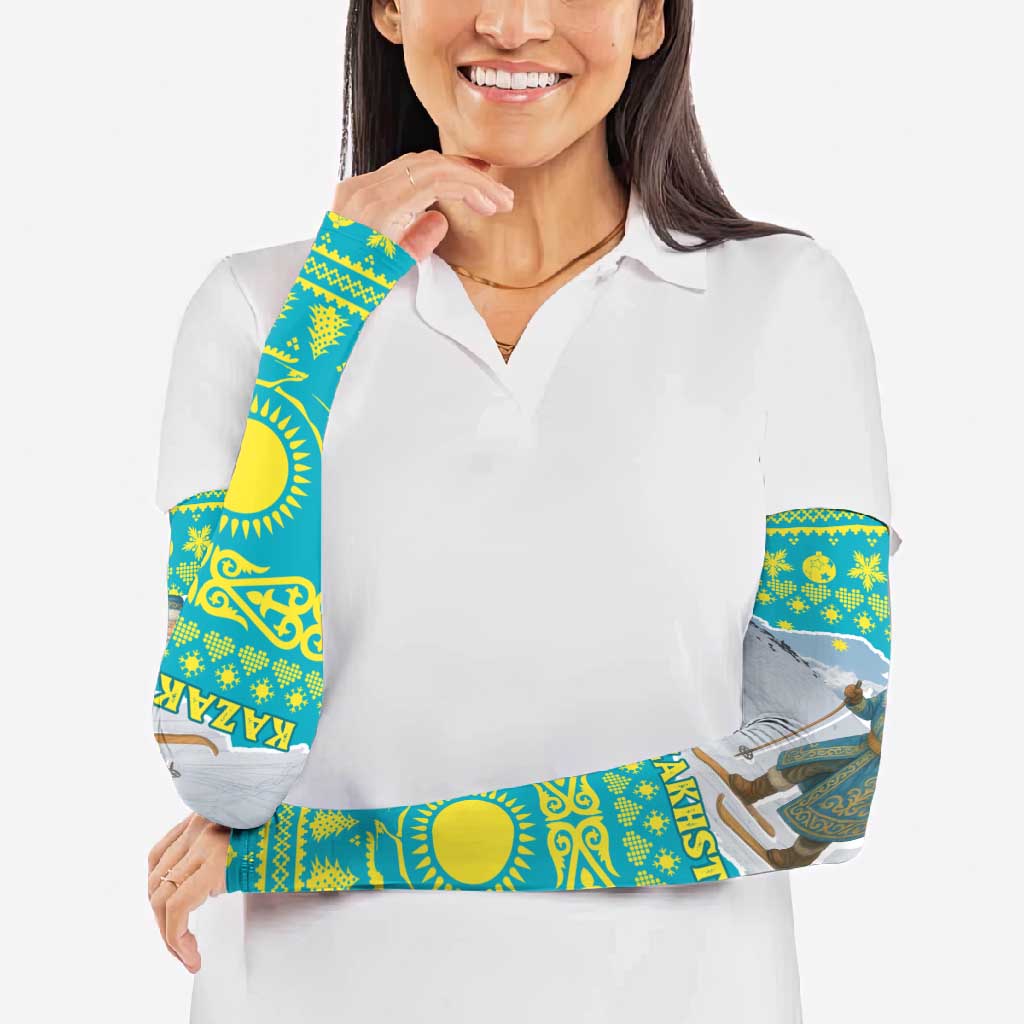 Kazakhstan Christmas Arm Sleeves with Santa Skiing in Traditional Outfit Snow Mountain and Sun Pattern - Wonder Print Shop