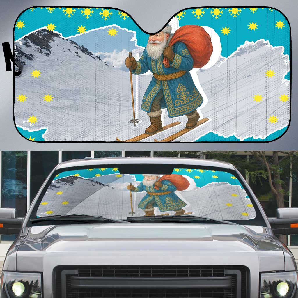 Kazakhstan Christmas Auto Sun Shade with Santa Skiing in Traditional Outfit Snow Mountain and Sun Pattern - Wonder Print Shop