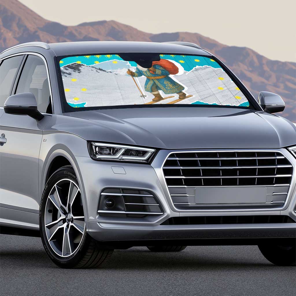 Kazakhstan Christmas Auto Sun Shade with Santa Skiing in Traditional Outfit Snow Mountain and Sun Pattern - Wonder Print Shop