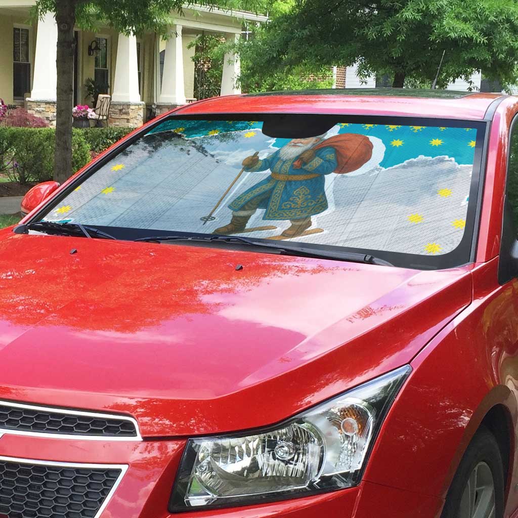 Kazakhstan Christmas Auto Sun Shade with Santa Skiing in Traditional Outfit Snow Mountain and Sun Pattern - Wonder Print Shop