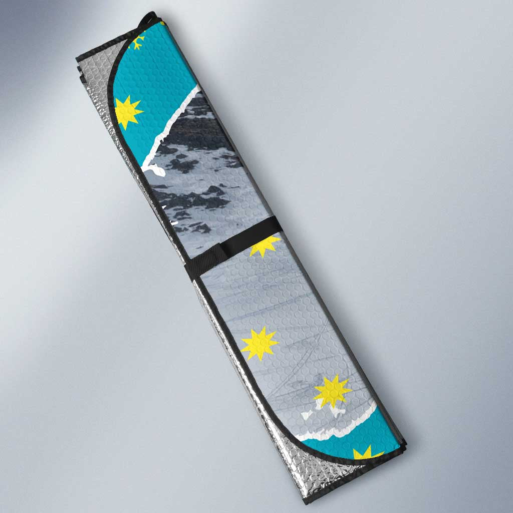 Kazakhstan Christmas Auto Sun Shade with Santa Skiing in Traditional Outfit Snow Mountain and Sun Pattern - Wonder Print Shop