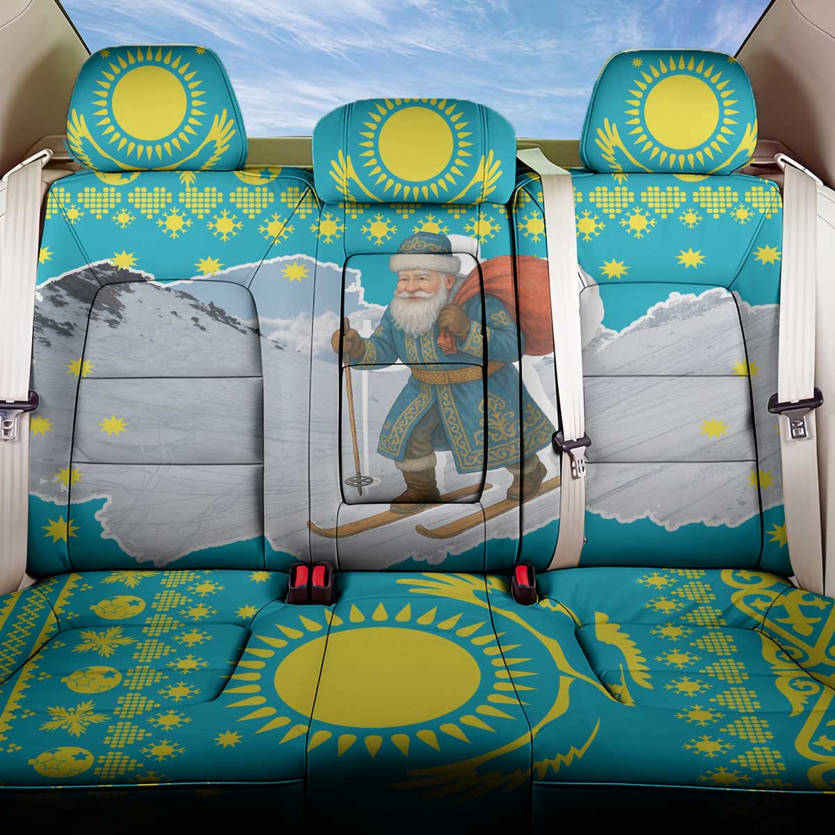 Kazakhstan Christmas Back Car Seat Cover with Santa Skiing in Traditional Outfit Snow Mountain and Sun Pattern - Wonder Print Shop