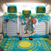 Kazakhstan Christmas Back Car Seat Cover with Santa Skiing in Traditional Outfit Snow Mountain and Sun Pattern - Wonder Print Shop