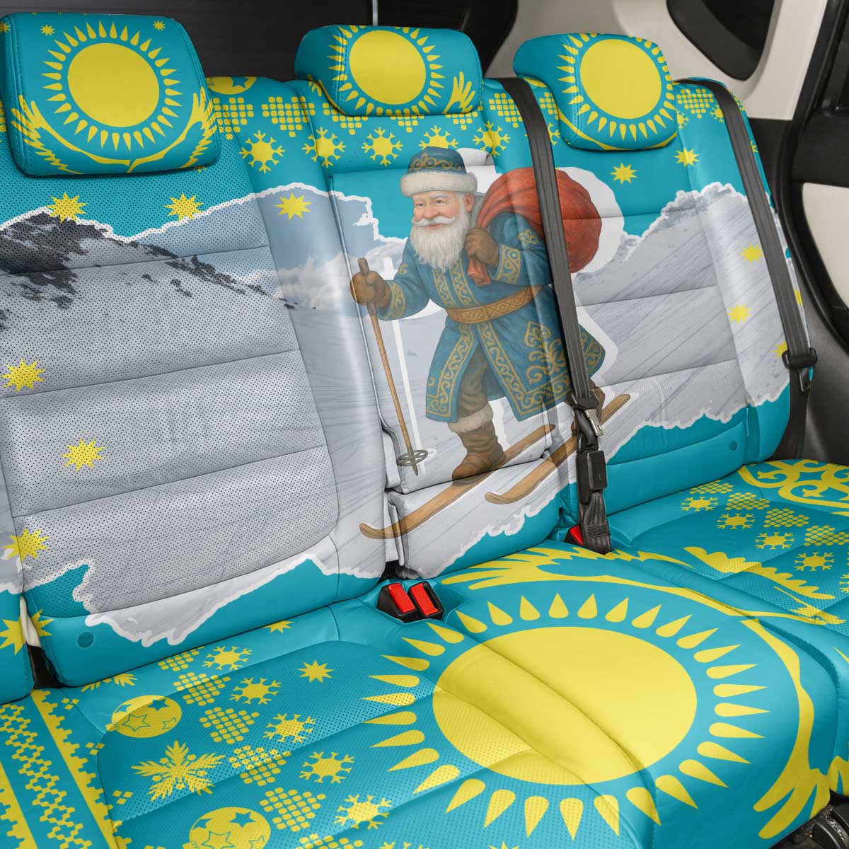 Kazakhstan Christmas Back Car Seat Cover with Santa Skiing in Traditional Outfit Snow Mountain and Sun Pattern - Wonder Print Shop