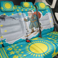 Kazakhstan Christmas Back Car Seat Cover with Santa Skiing in Traditional Outfit Snow Mountain and Sun Pattern - Wonder Print Shop