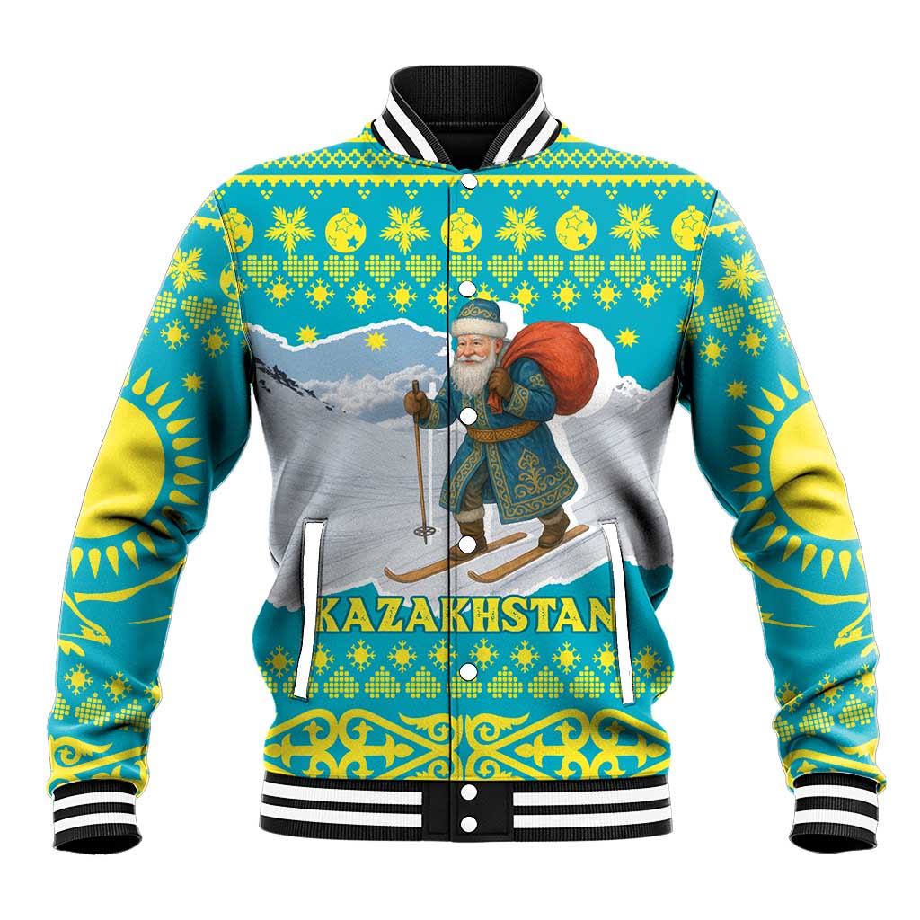 Kazakhstan Christmas Baseball Jacket with Santa Skiing in Traditional Outfit Snow Mountain and Sun Pattern - Wonder Print Shop