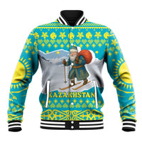 Kazakhstan Christmas Baseball Jacket with Santa Skiing in Traditional Outfit Snow Mountain and Sun Pattern - Wonder Print Shop