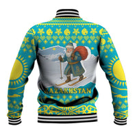 Kazakhstan Christmas Baseball Jacket with Santa Skiing in Traditional Outfit Snow Mountain and Sun Pattern - Wonder Print Shop