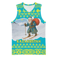 Kazakhstan Christmas Basketball Jersey with Santa Skiing in Traditional Outfit Snow Mountain and Sun Pattern - Wonder Print Shop