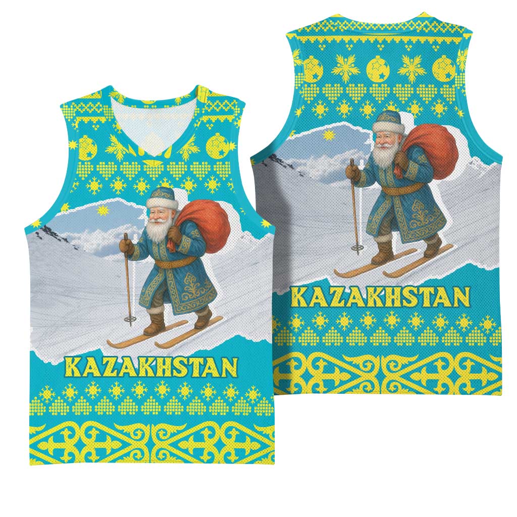 Kazakhstan Christmas Basketball Jersey with Santa Skiing in Traditional Outfit Snow Mountain and Sun Pattern - Wonder Print Shop