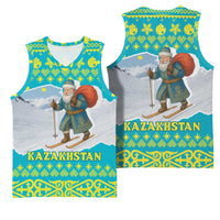 Kazakhstan Christmas Basketball Jersey with Santa Skiing in Traditional Outfit Snow Mountain and Sun Pattern - Wonder Print Shop