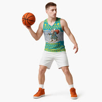 Kazakhstan Christmas Basketball Jersey with Santa Skiing in Traditional Outfit Snow Mountain and Sun Pattern - Wonder Print Shop