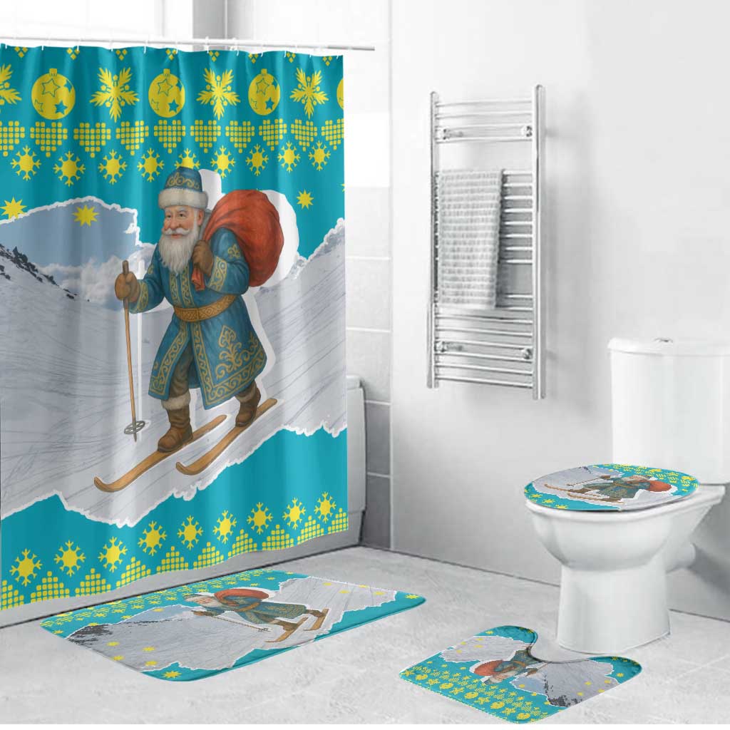Kazakhstan Christmas Bathroom Set with Santa Skiing in Traditional Outfit Snow Mountain and Sun Pattern - Wonder Print Shop