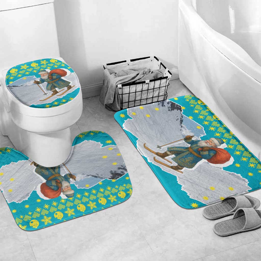 Kazakhstan Christmas Bathroom Set with Santa Skiing in Traditional Outfit Snow Mountain and Sun Pattern - Wonder Print Shop