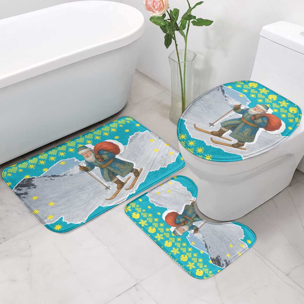 Kazakhstan Christmas Bathroom Set with Santa Skiing in Traditional Outfit Snow Mountain and Sun Pattern - Wonder Print Shop