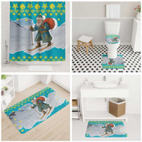 Kazakhstan Christmas Bathroom Set with Santa Skiing in Traditional Outfit Snow Mountain and Sun Pattern - Wonder Print Shop
