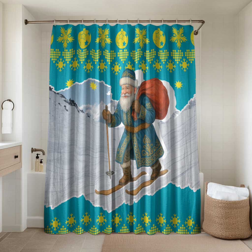 Kazakhstan Christmas Bathroom Set with Santa Skiing in Traditional Outfit Snow Mountain and Sun Pattern - Wonder Print Shop