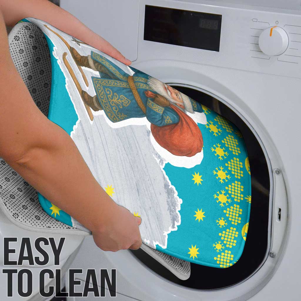 Kazakhstan Christmas Bathroom Set with Santa Skiing in Traditional Outfit Snow Mountain and Sun Pattern - Wonder Print Shop