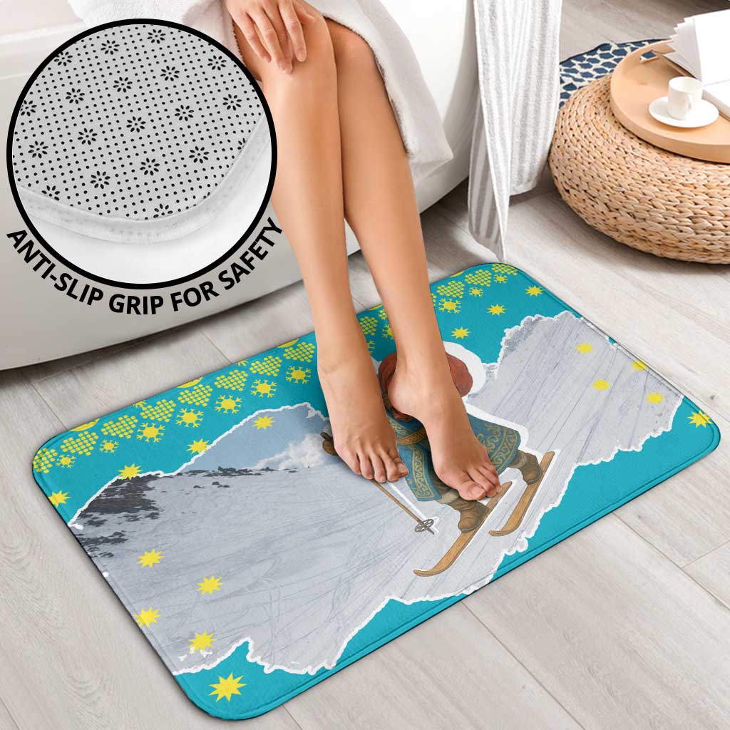 Kazakhstan Christmas Bathroom Set with Santa Skiing in Traditional Outfit Snow Mountain and Sun Pattern - Wonder Print Shop