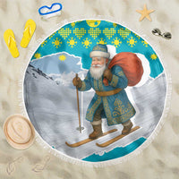 Kazakhstan Christmas Beach Blanket with Santa Skiing in Traditional Outfit Snow Mountain and Sun Pattern - Wonder Print Shop