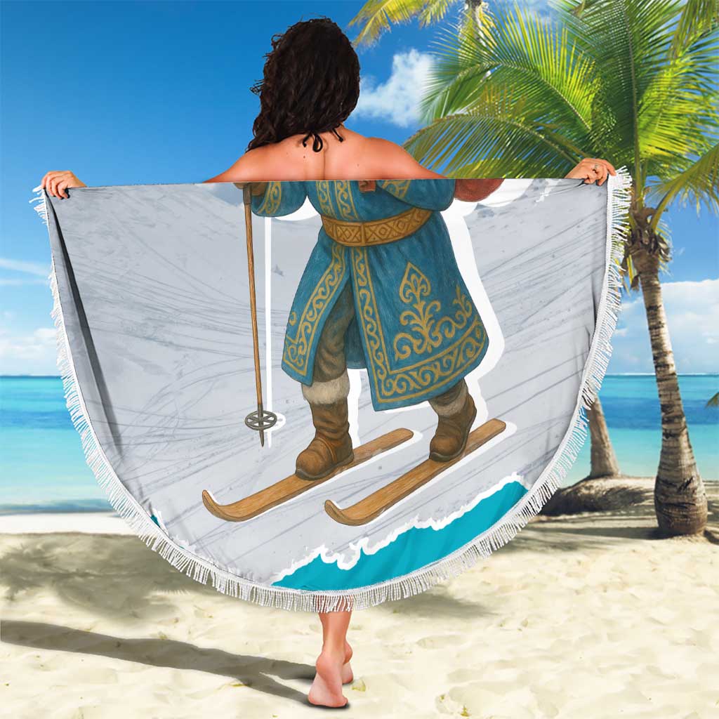 Kazakhstan Christmas Beach Blanket with Santa Skiing in Traditional Outfit Snow Mountain and Sun Pattern - Wonder Print Shop